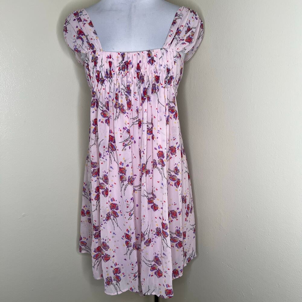 Y2K Moda International Babydoll Dress Medium Abstract Floral Smocked Tie Back